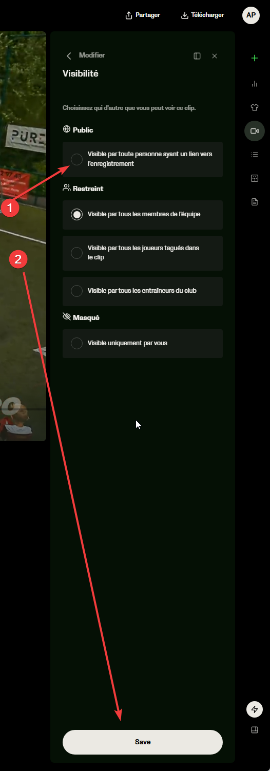 veo4. Sélectionner visibilité publique avec le lien